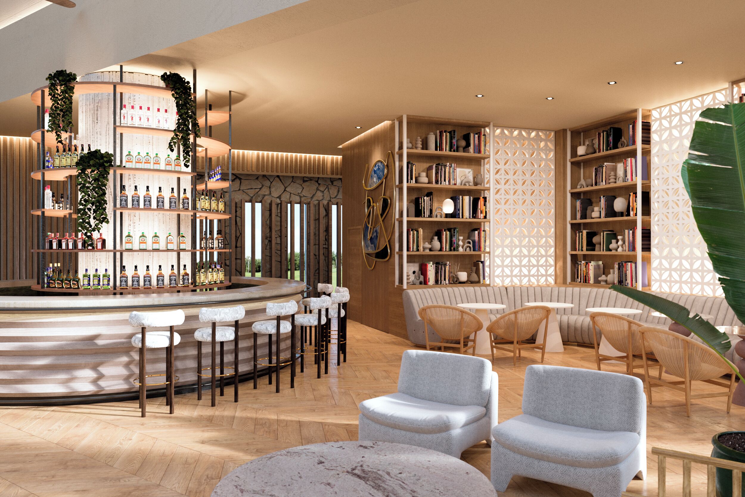 Zona bar moderna con un bancone circolare, sgabelli da bar e una libreria piena di libri e oggetti decorativi.