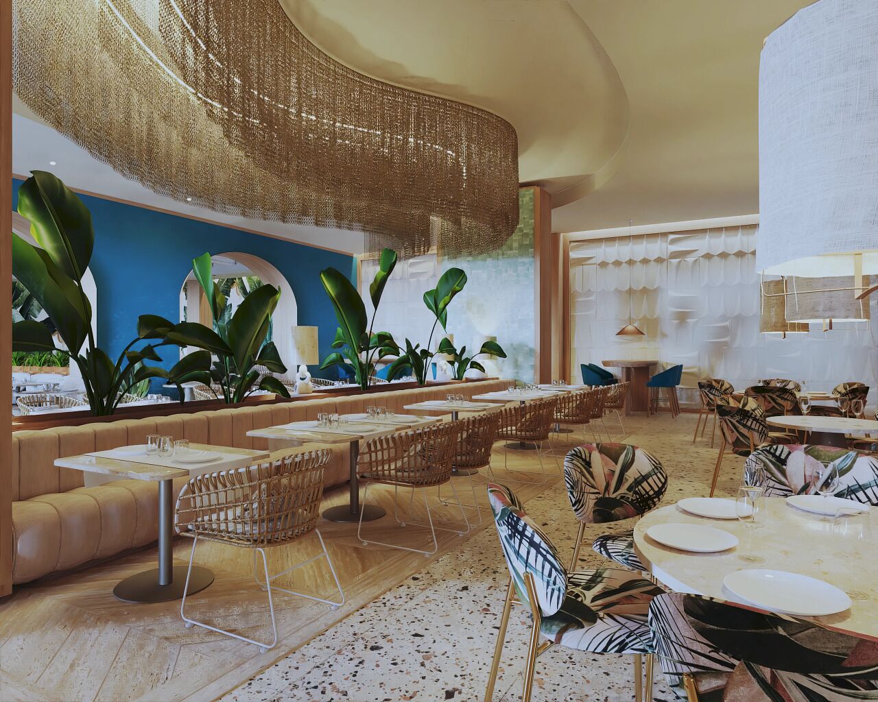 Un restaurant moderne avec un long comptoir, des chaises en osier et de grandes plantes en pot.