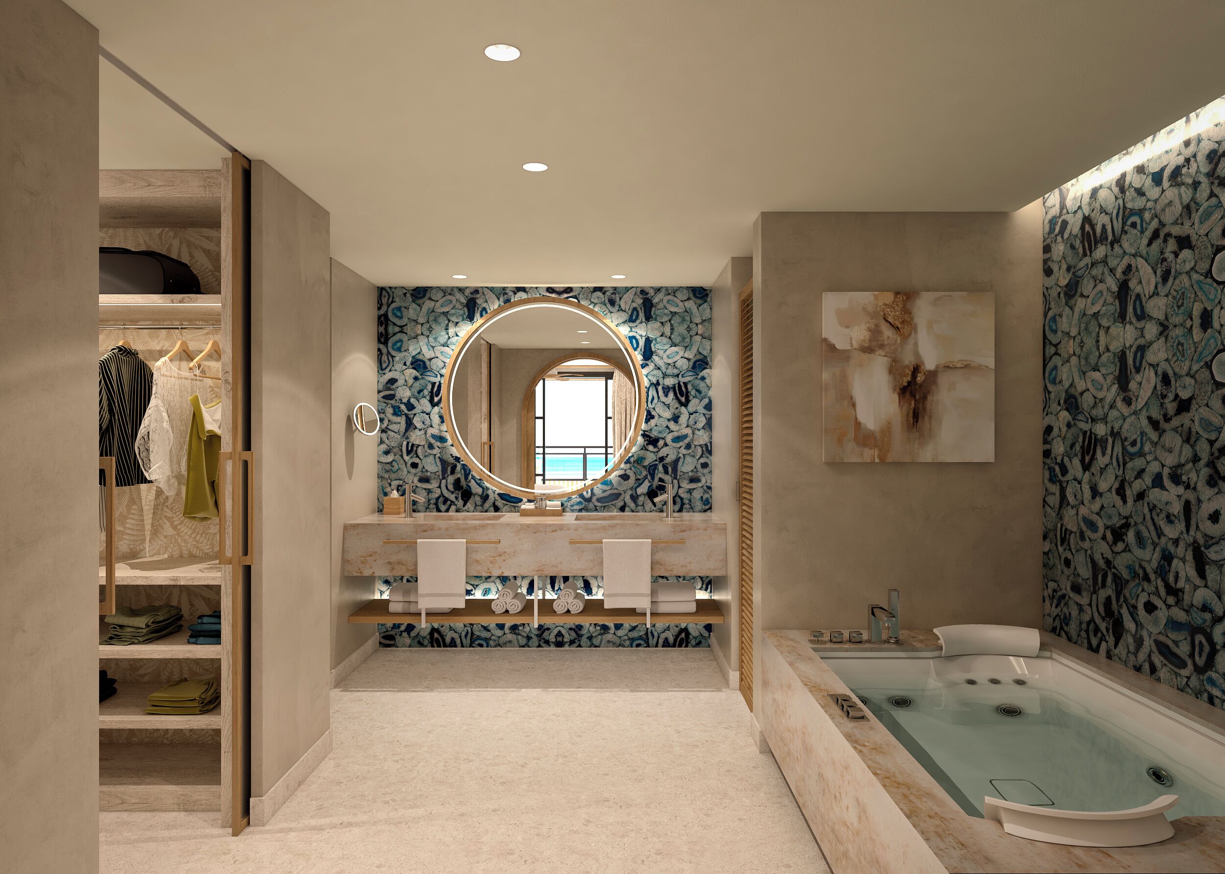 A modern bathroom with a large mirror, a bathtub, and a walk-in closet.