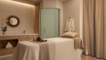 A modern bedroom with a bed, a vanity with a mirror, a wardrobe, and a bathroom with a towel rack.