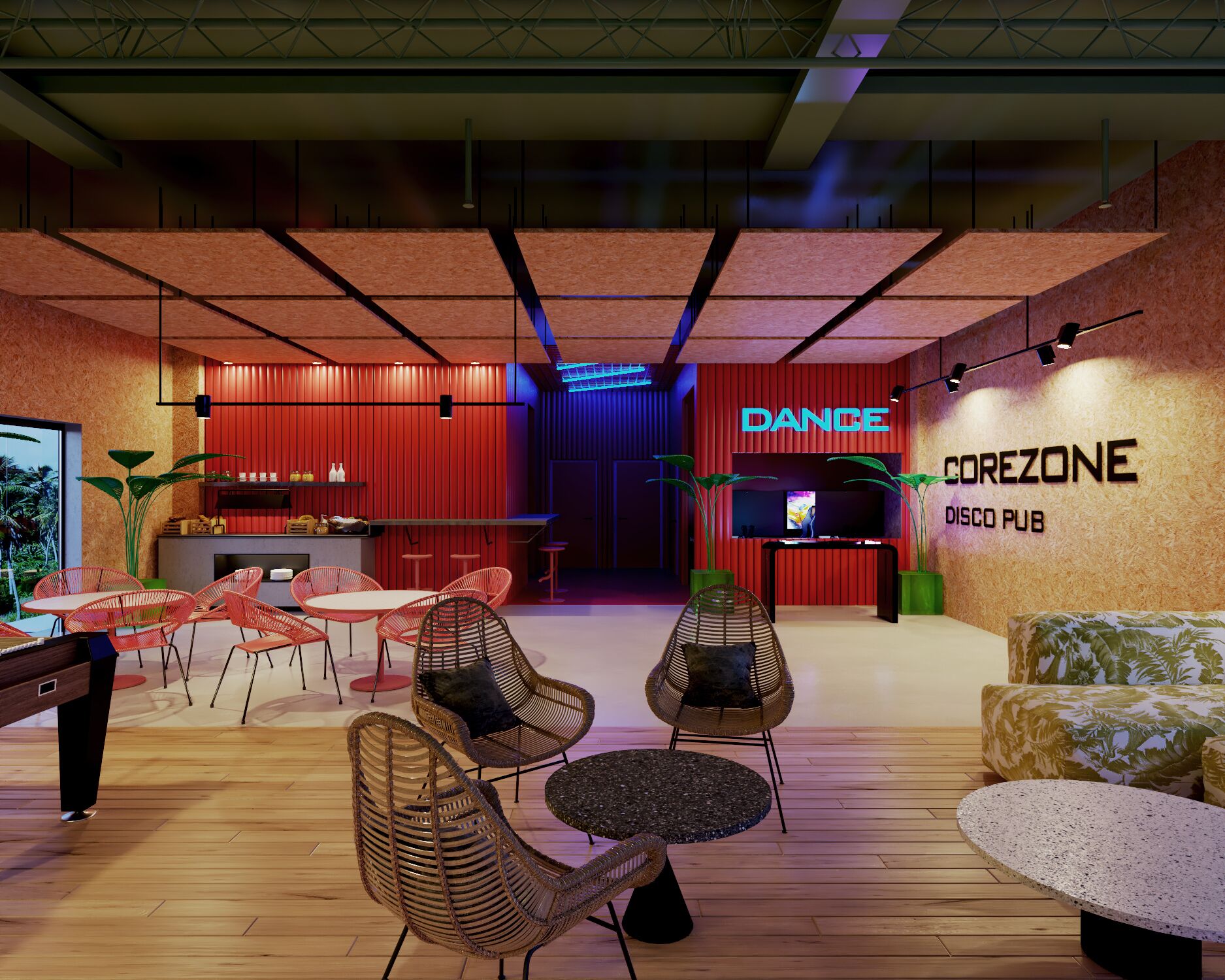 Ein stilvoller Lounge-Bereich mit roten Wänden, einer Bar und Sitzgelegenheiten, darunter Korbstühle und ein Sofa.