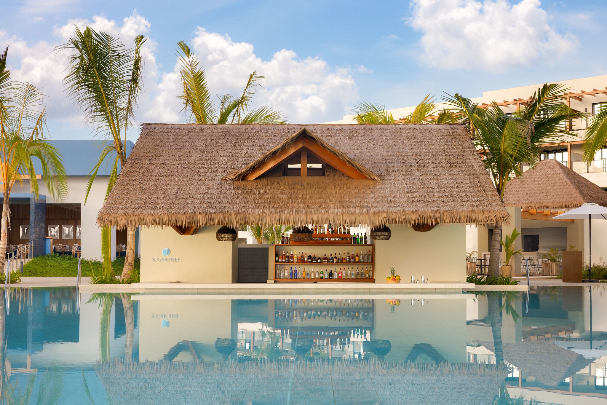 A poolside bar with a thatched roof, a bar stocked with bottles, and a reflection in the pool.