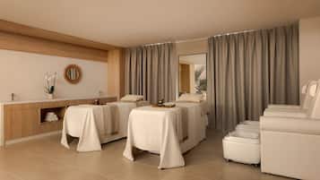 A modern hotel room with two beds, a sofa, a vanity, and a large mirror.