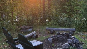 A forested campsite with a wooden bench and a fire pit. - 1 Bedroom Riverside Cabin in The Forks, ME (The Forks)