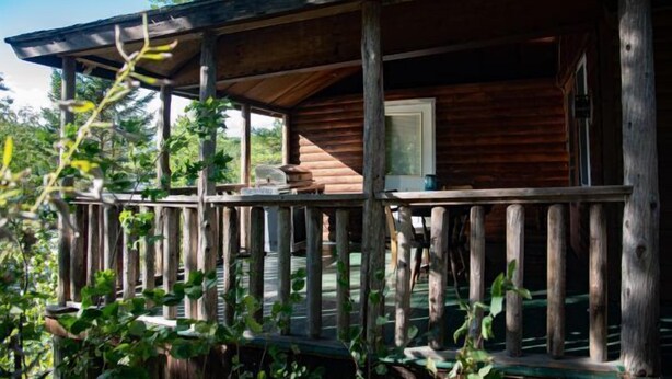 A wooden cabin with a porch, surrounded by trees. - Riverside Cabin in The Forks (The Forks)