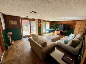 Smart TV, fireplace, foosball