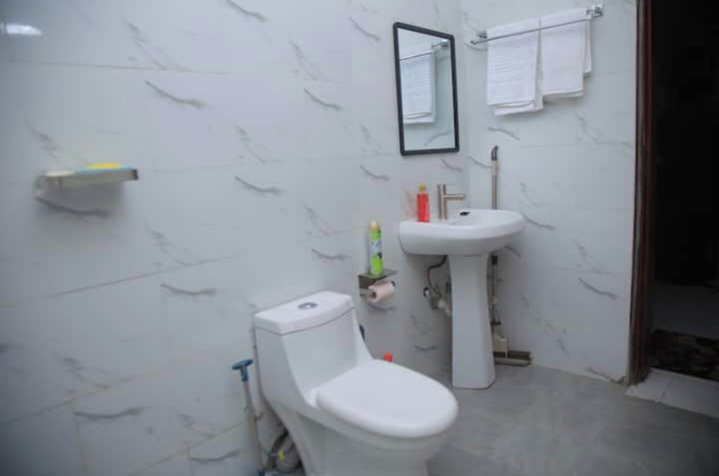 Shower, towels, soap, shampoo