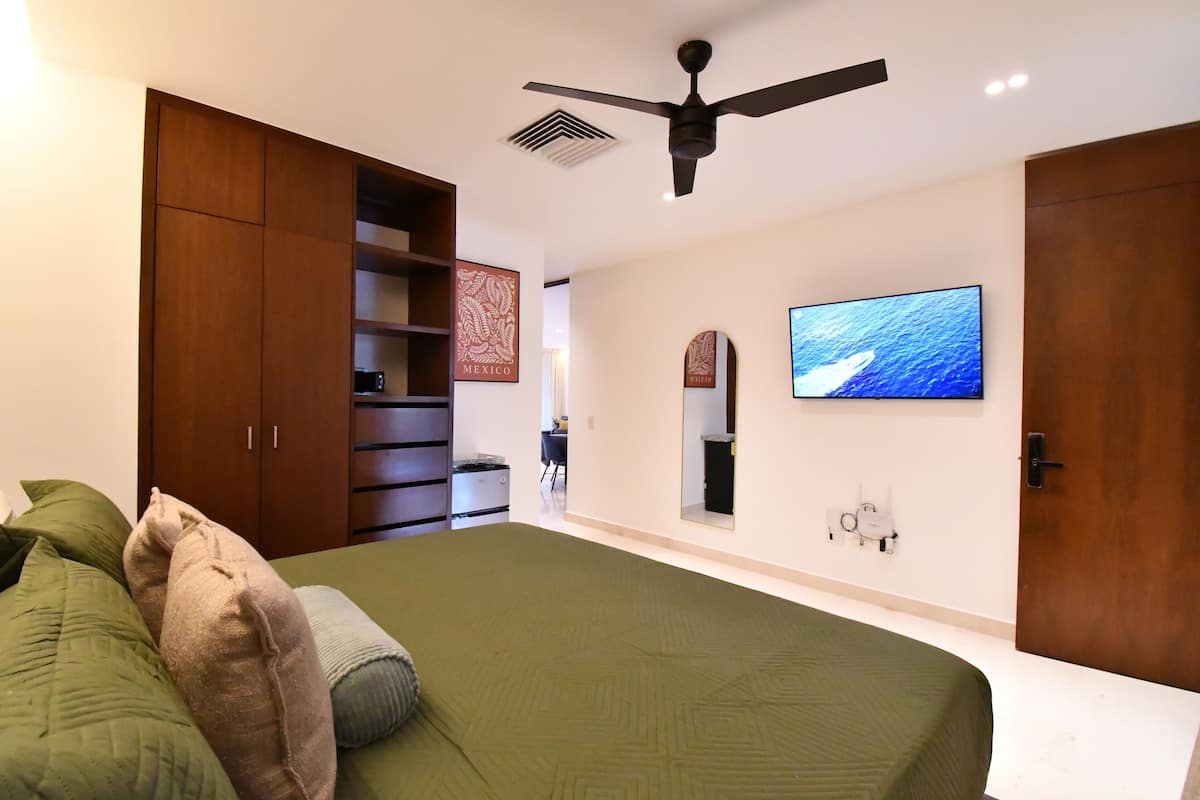 A bedroom with a bed, a TV, a ceiling fan, and a wardrobe.