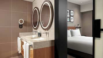 Shower, rainfall showerhead, hair dryer, slippers