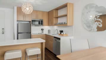 Desk, laptop workspace, blackout drapes, iron/ironing board
