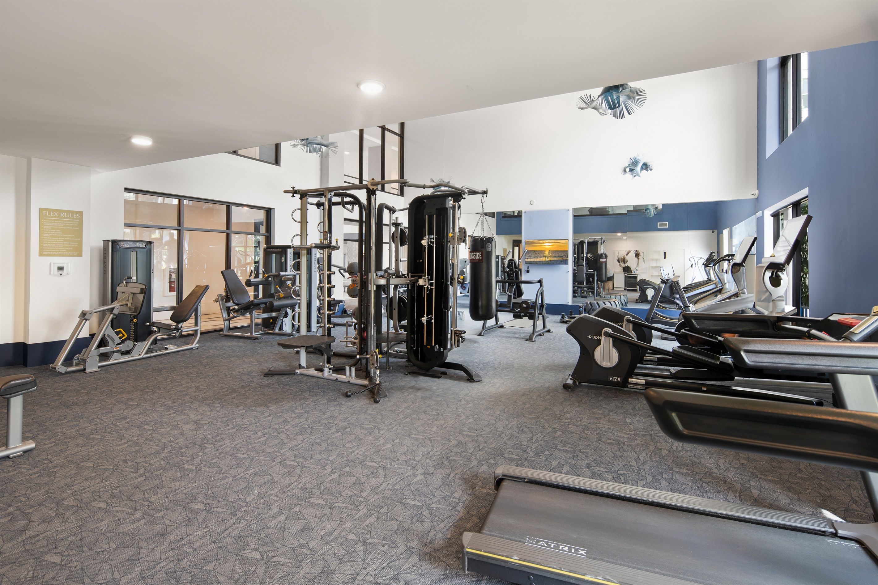 A gym with various exercise equipment, including treadmills, weight machines, and a punching bag.
