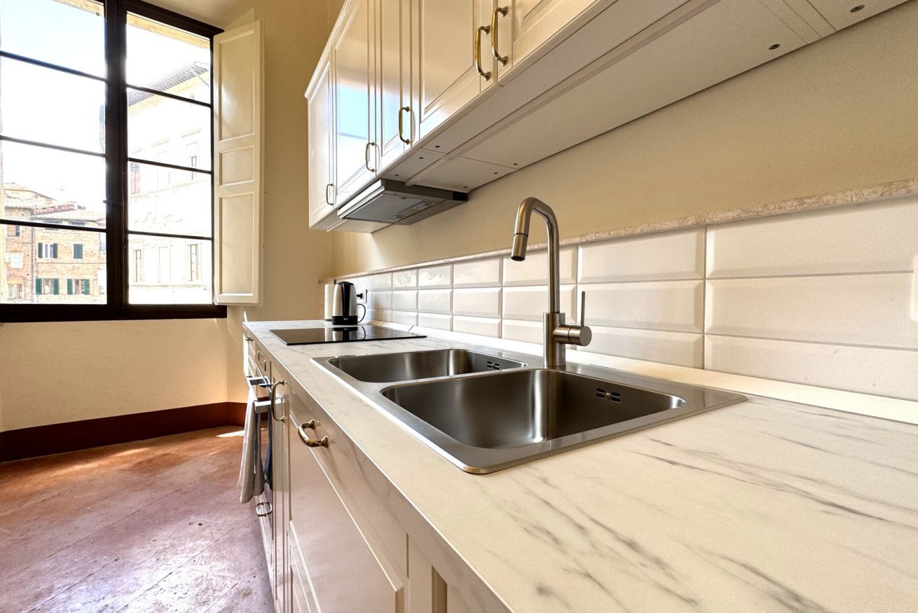 Cucina con due lavelli in acciaio inossidabile, una finestra e vista sugli edifici.