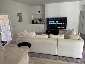 Smart TV, fireplace, video games, DVD player