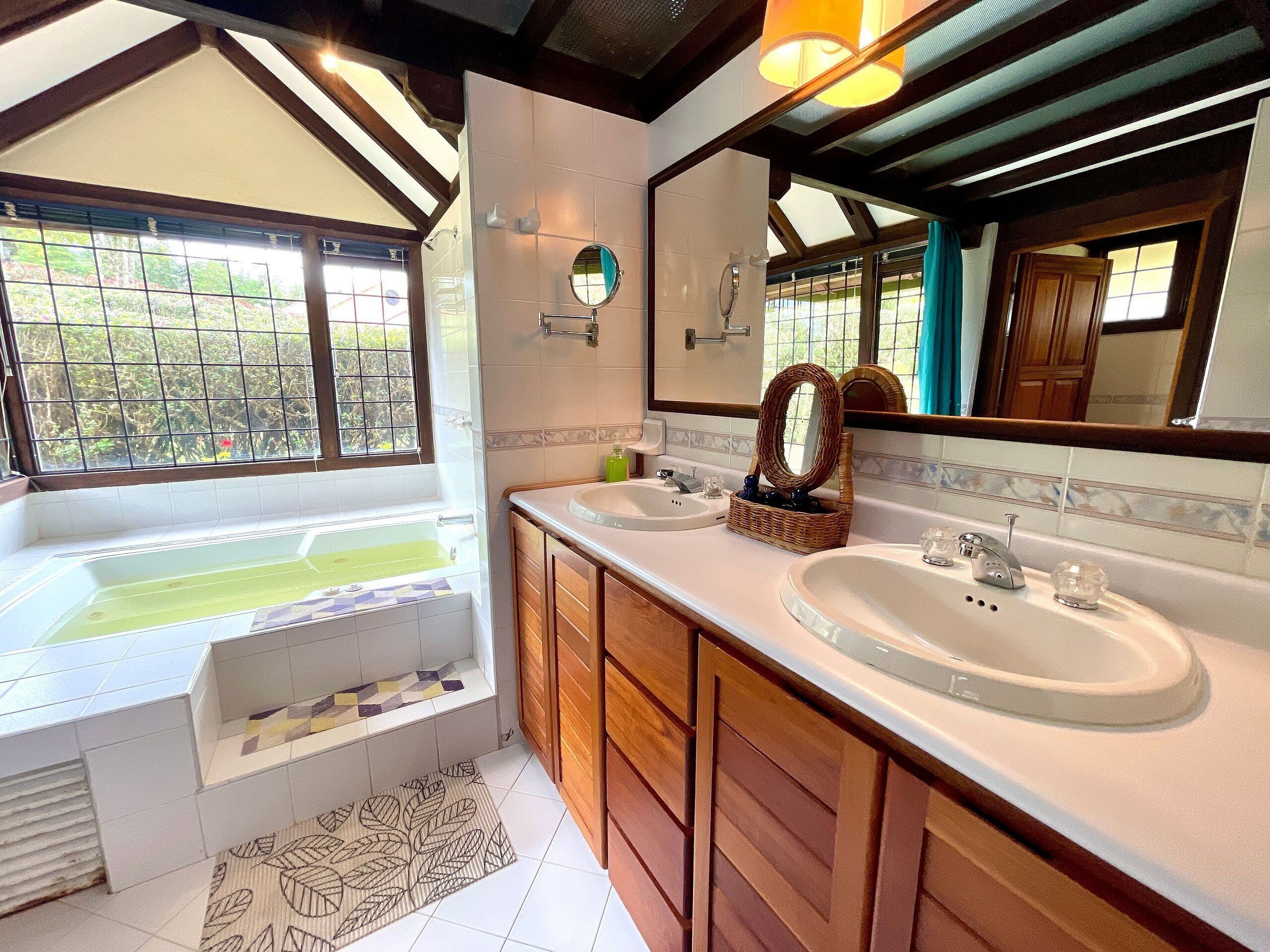 A bathroom with two sinks, a large mirror, and a bathtub.