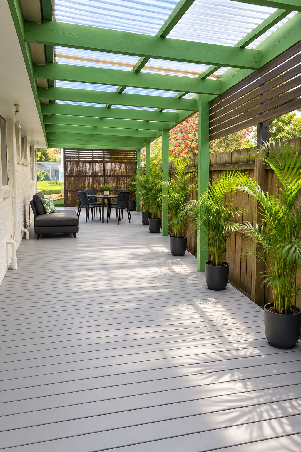 A covered patio area with a wooden deck, a seating area with a sofa and chairs, and potted plants.