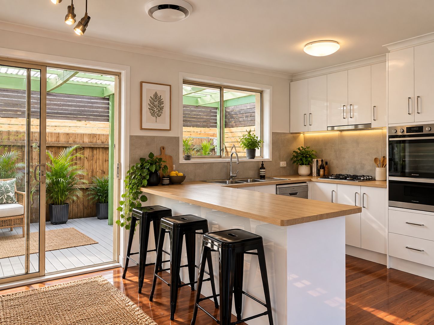 A modern kitchen with a wooden island, bar stools, a built-in oven, and a large window.