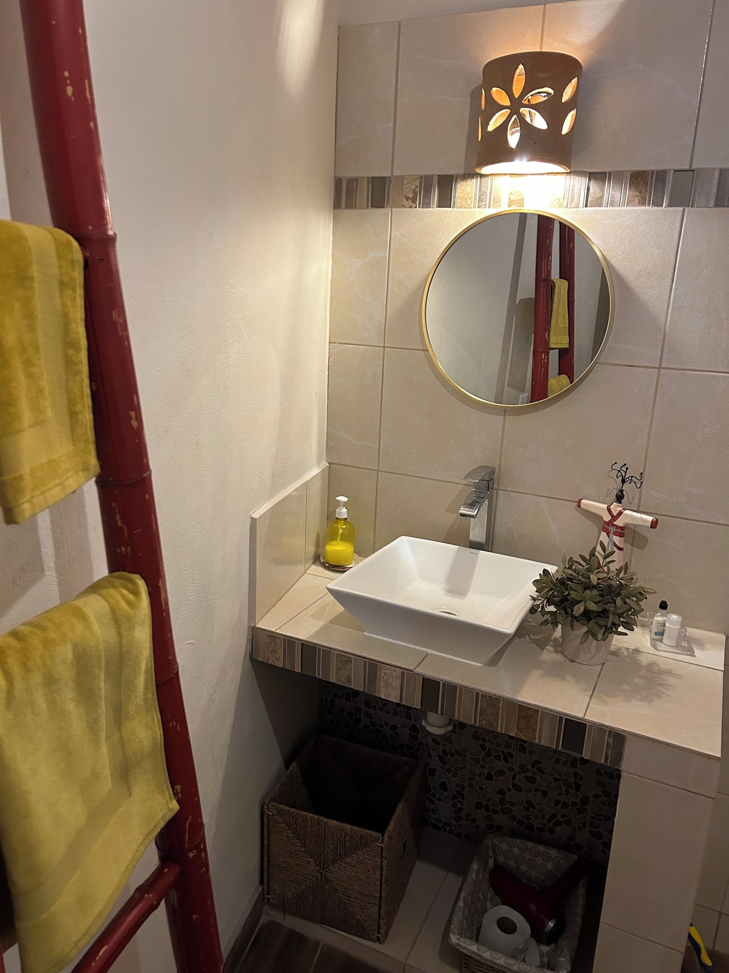 A bathroom with a white sink, a round mirror, a towel rack, a small plant, and a bottle of soap.