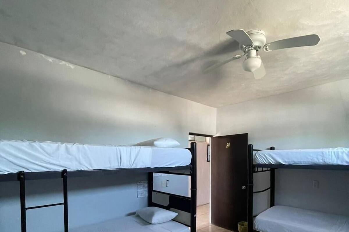 A dormitory room with bunk beds, a ceiling fan, and a door leading to another room.