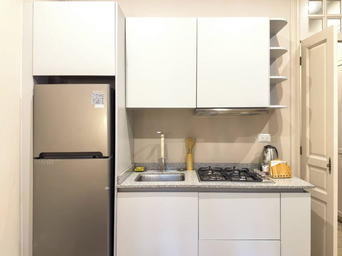 Une cuisine compacte équipée d’un réfrigérateur intégré, d’une cuisinière à gaz et d’un évier.