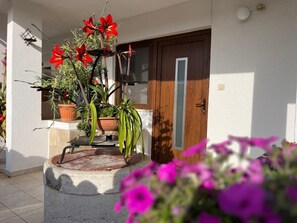 Enjoy a serene outdoor space with lush plants and an entrance.