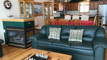 TV connectée, cheminée, livres