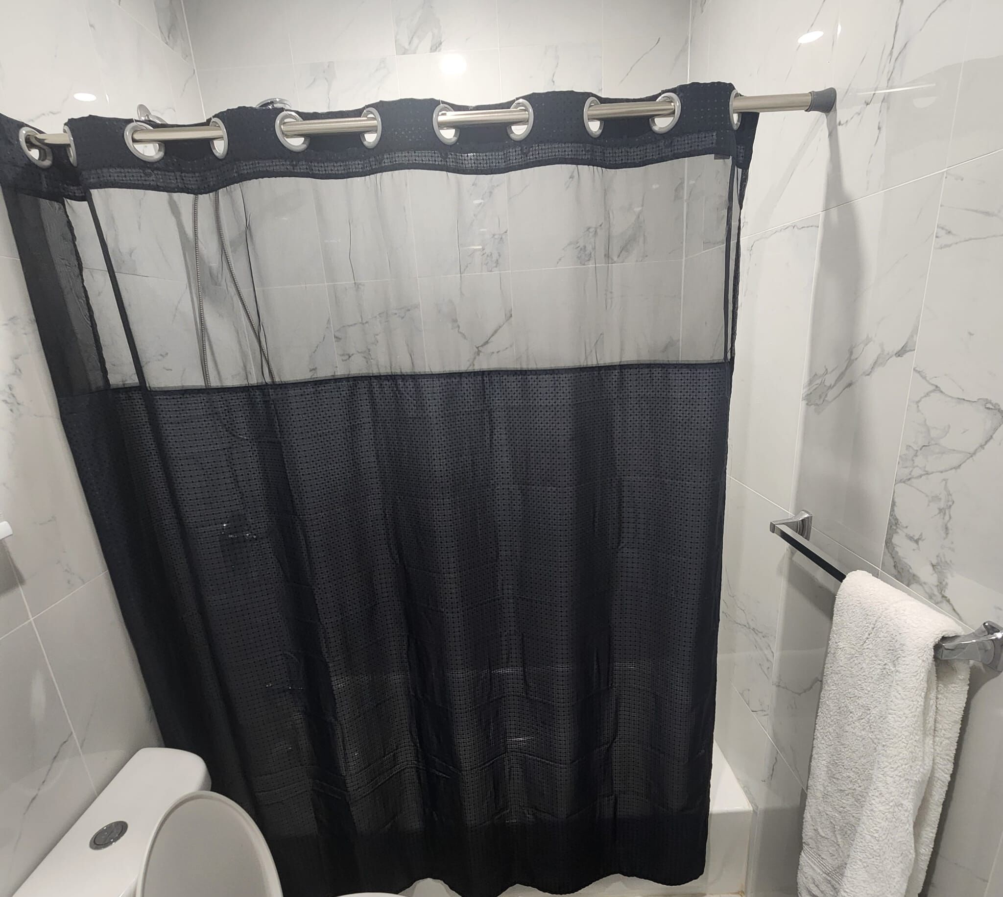 Hair dryer, towels, soap, toilet paper