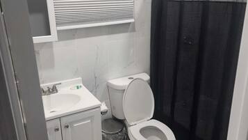 Hair dryer, towels, soap, toilet paper