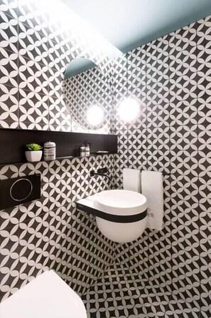 Séchoir à cheveux, savon, shampooing, papier de toilette