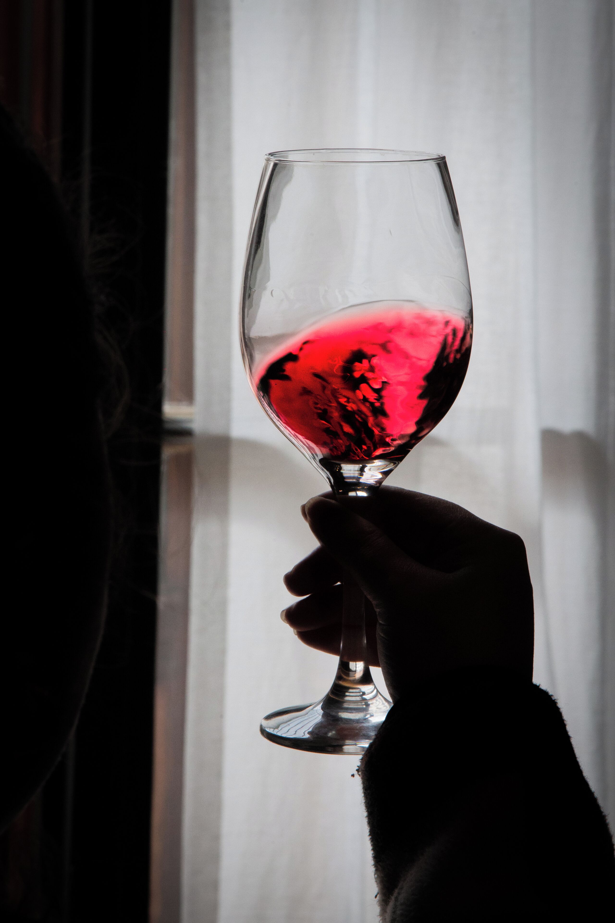 Una mano sosteniendo una copa de vino con líquido rojo.