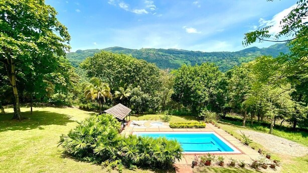 Una piscina rectangular rodeada de exuberante vegetación y un pequeño pabellón.