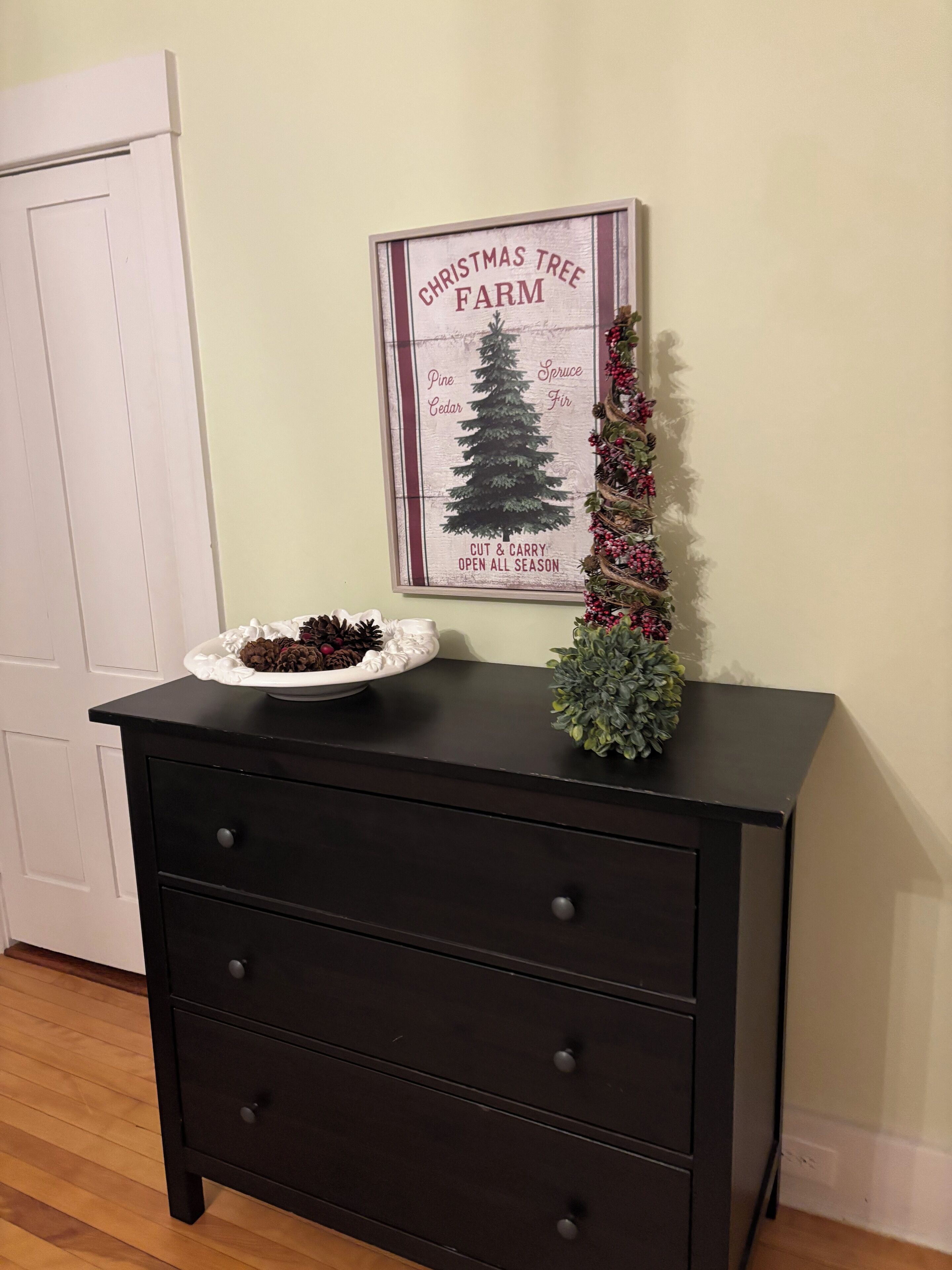 Un aparador de madera oscura con un letrero enmarcado encima, una pequeña planta en maceta y un plato decorativo con piñas.