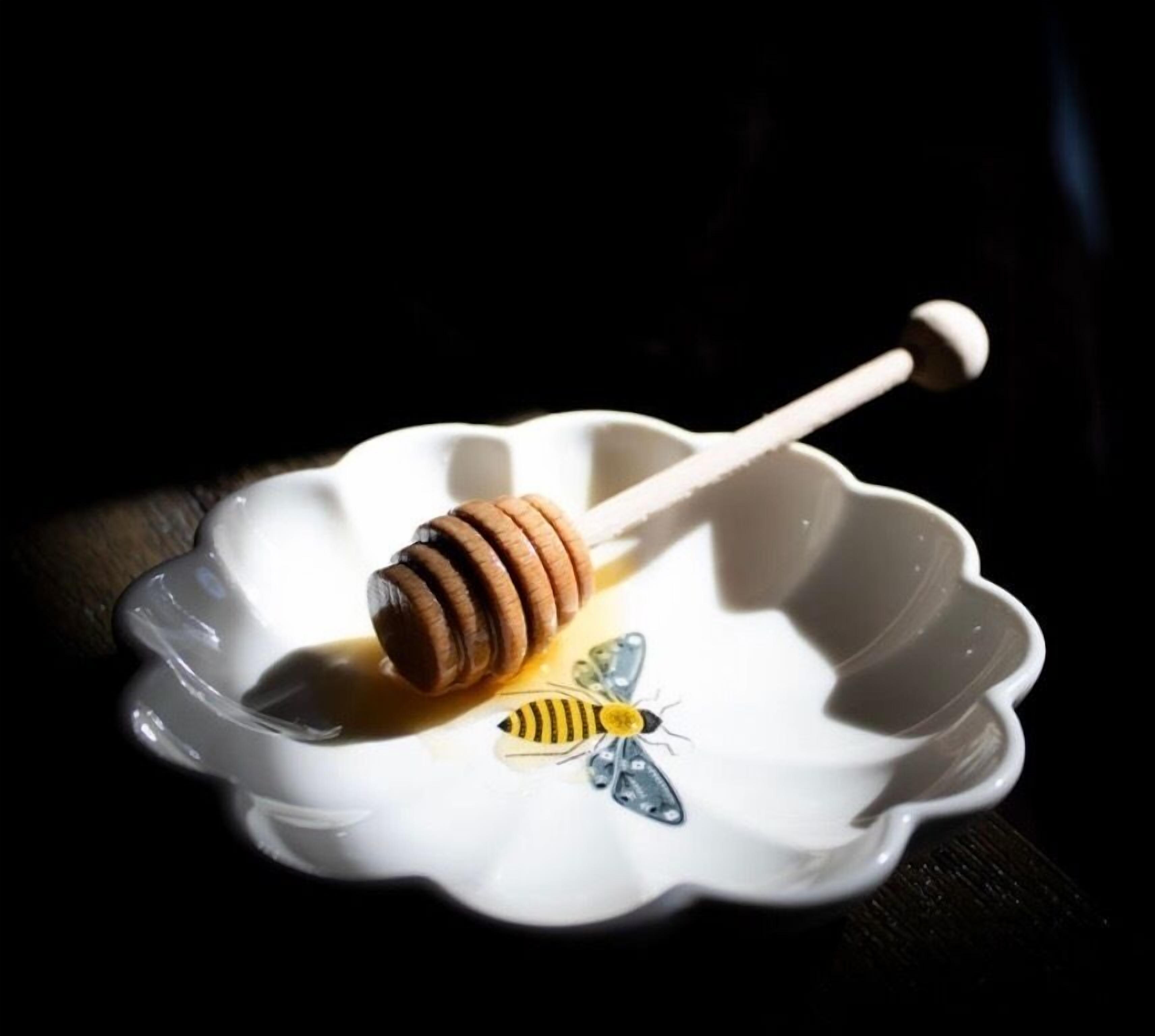 A honey dipper with honey on a white ceramic dish with a bee illustration.