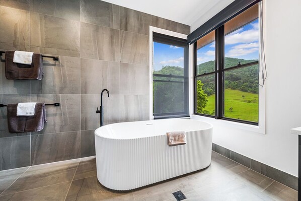 Eco-friendly toiletries, hair dryer, towels, soap