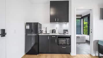 Fridge, microwave, stovetop, electric kettle