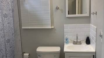 Un baño con inodoro, lavamanos y ducha.