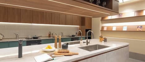 Mini-fridge, microwave, stovetop, cookware/dishes/utensils