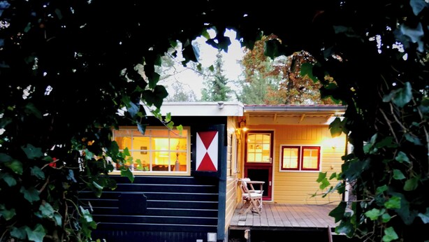 A wooden deck leading to a yellow building with a red and white flag, surrounded by a garden with a wooden fence and stepping stones. - Cosy Cabin in the Woods - Perfect Get Away in a peaceful and green setting (Diessen)