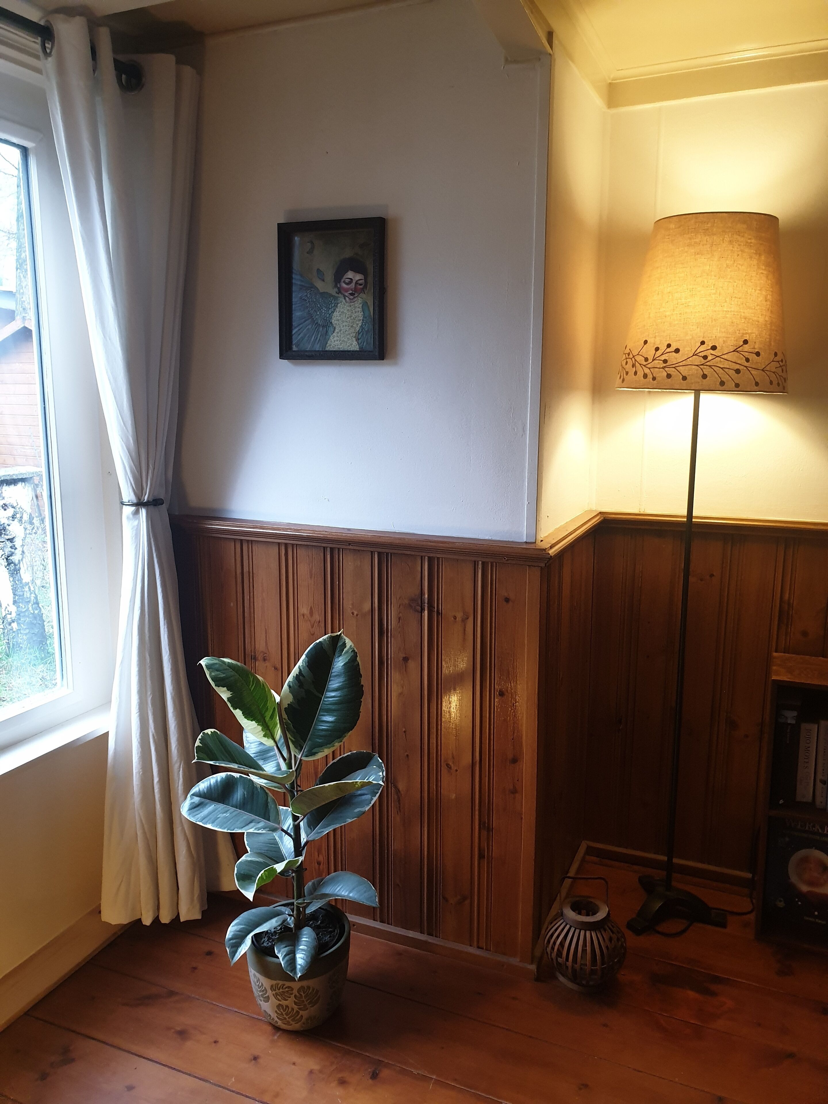 Une pièce avec une plante en pot, un tableau encadré au mur, un lampadaire et des lambris en bois.