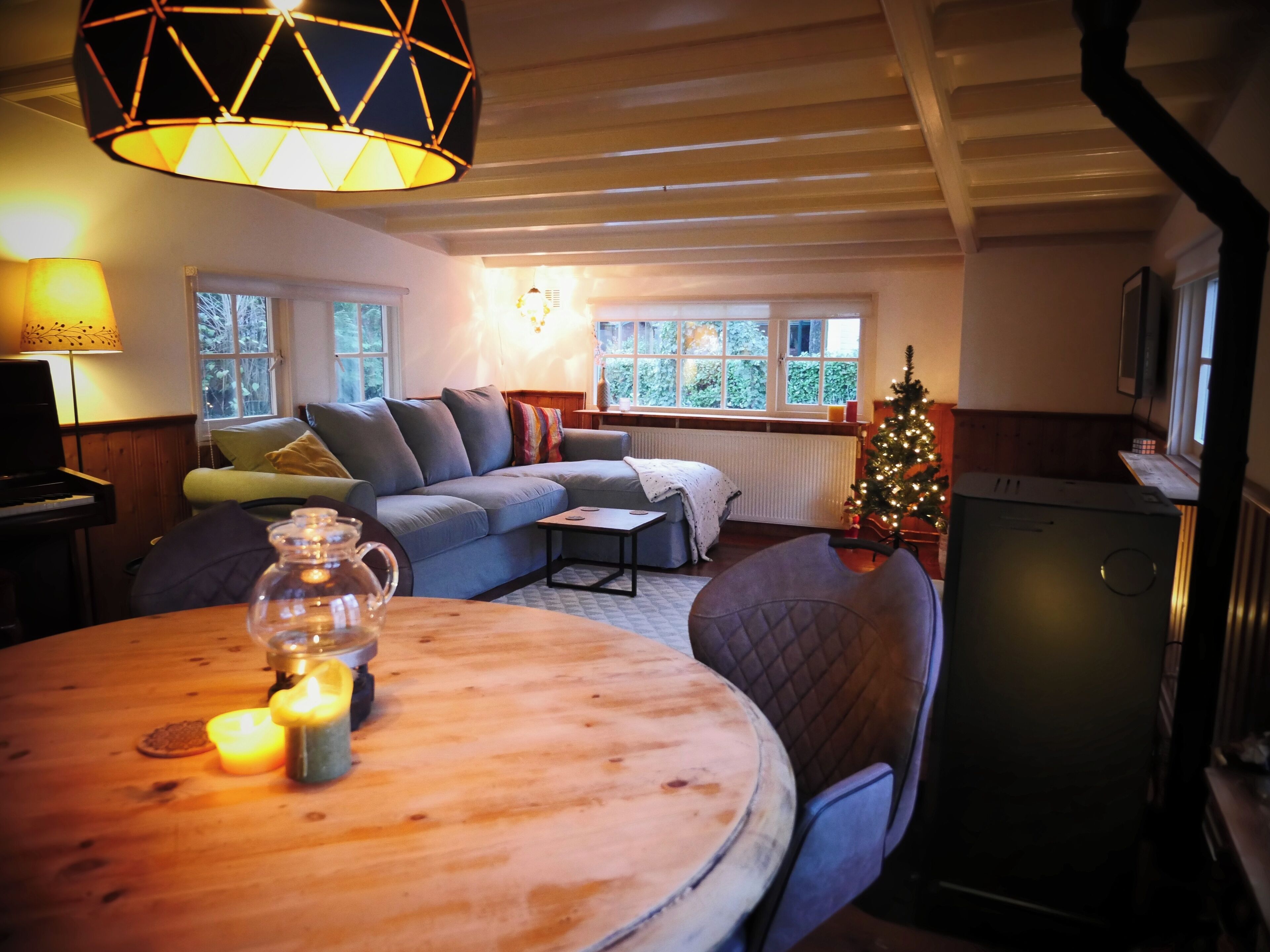 TV connectée, cheminée, livres, vidéothèque