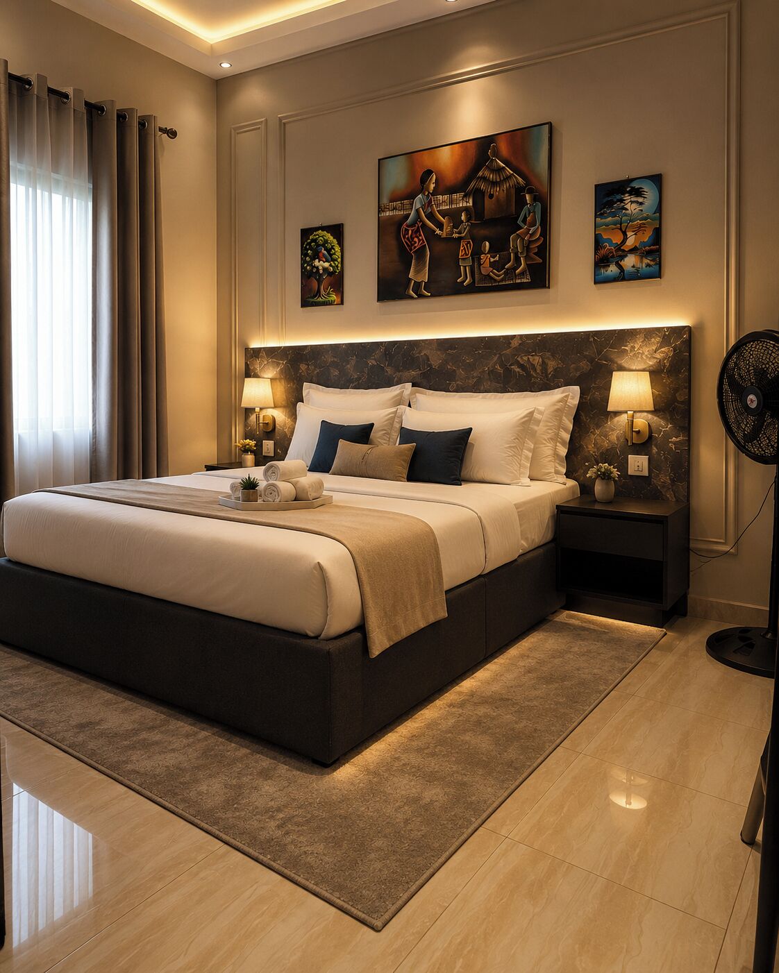 A modern bedroom with a large bed, two bedside tables, a floor lamp, and artwork on the walls.