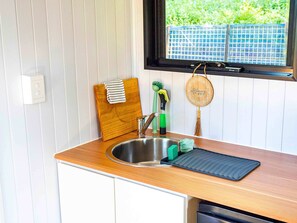 Fridge, microwave, stovetop, coffee/tea maker