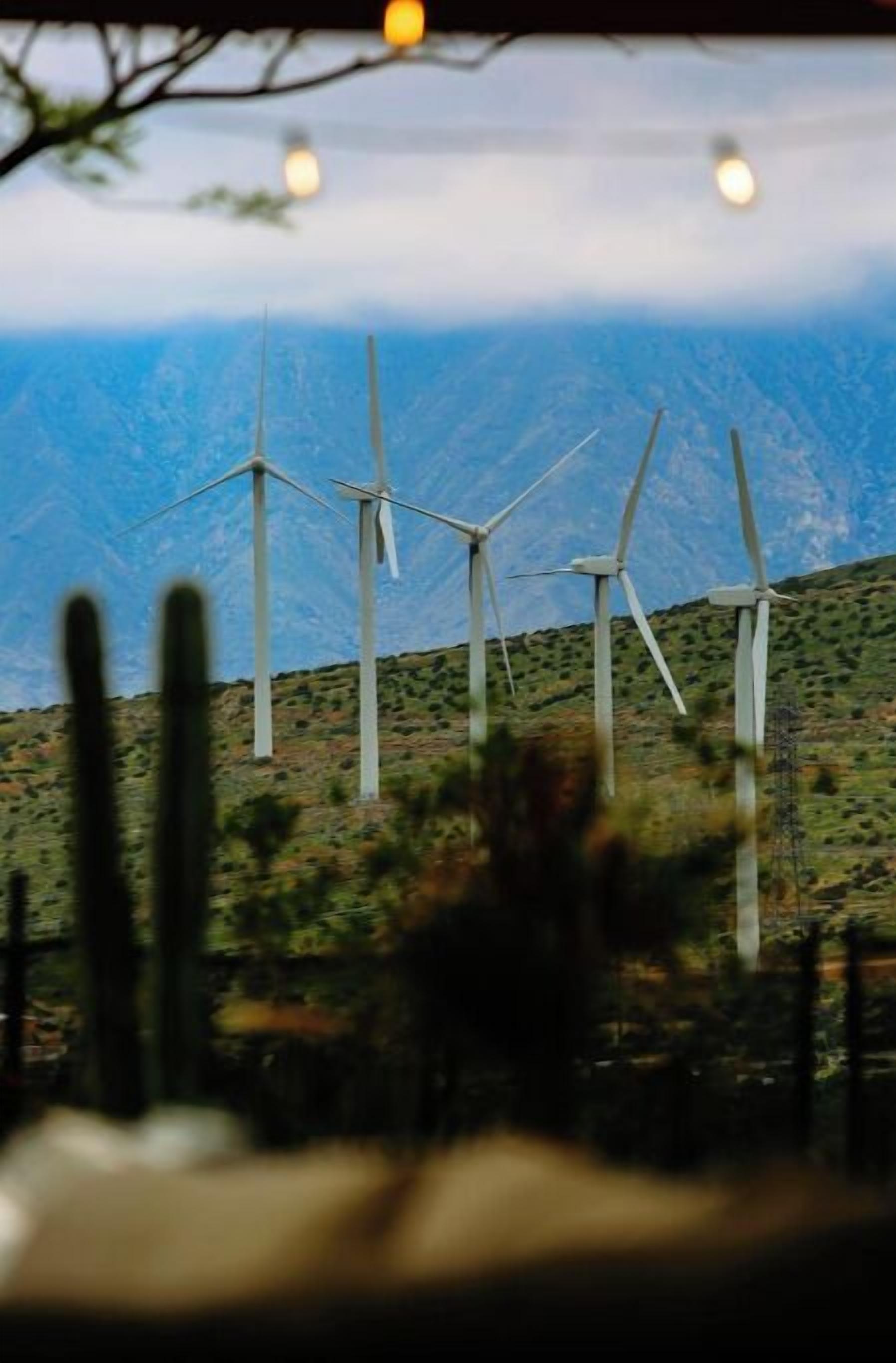 A view of wind turbines against a mountainous backdrop.