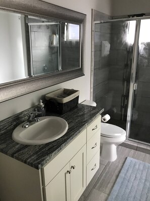 Shower, jetted tub, hair dryer, towels