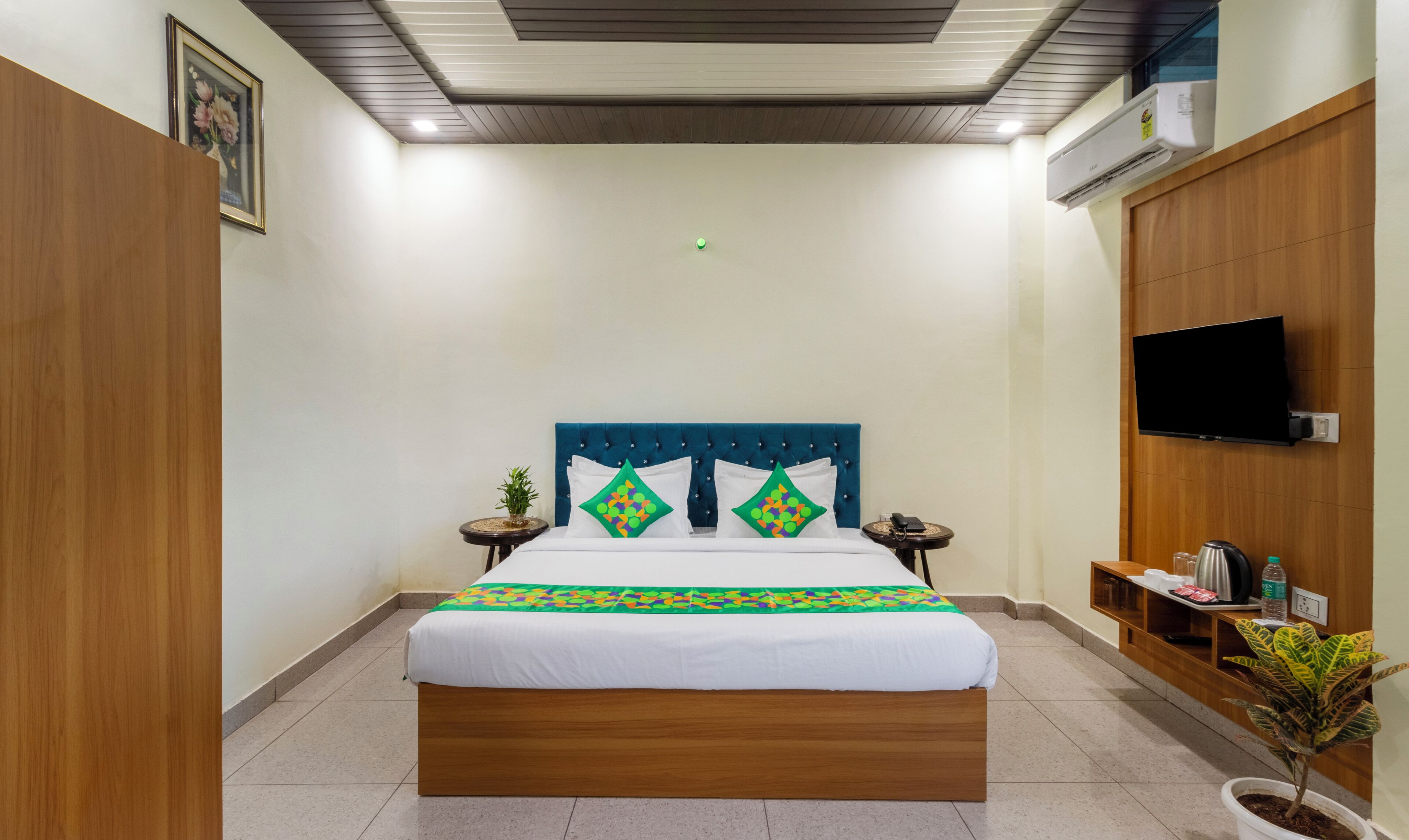 Habitación de hotel con cama, televisión, mesita, planta y estante con objetos.