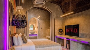 Een moderne slaapkamer met een groot bed, een televisie en een Netflix-bordje.
