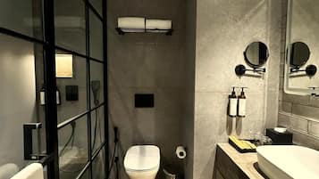 Shower, slippers, towels, soap