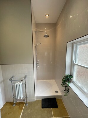 Shower, hair dryer, towels, toilet paper