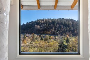 A window with a view of a forested hill, houses, and trees. - Apartment 'Appartement Nr 4' with Shared Terrace, Shared Garden and Wi-Fi (Todtmoos)