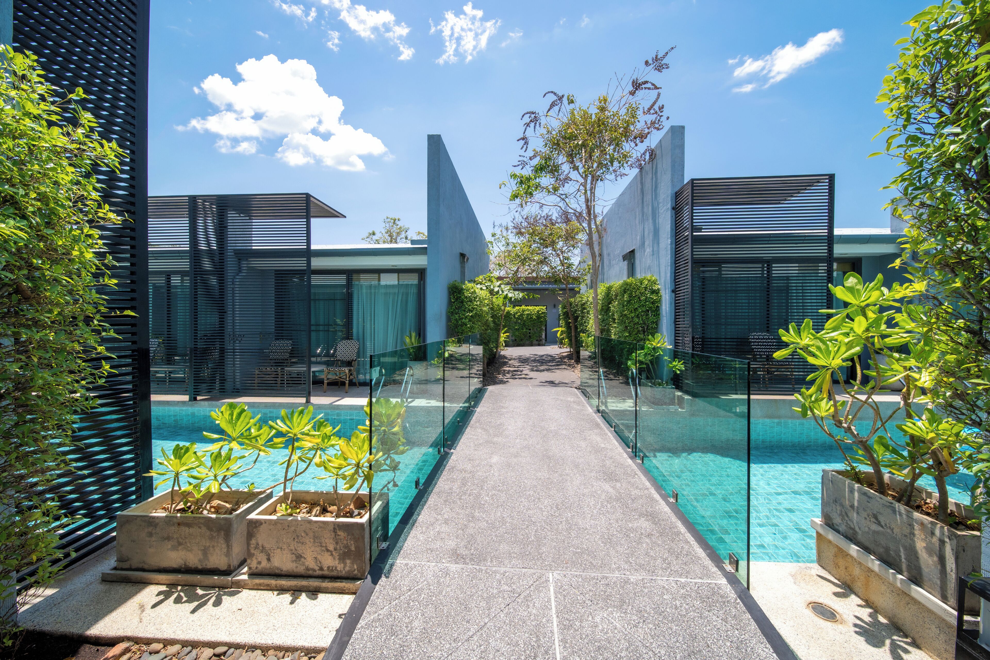 Un área de piscina moderna con barandillas de vidrio, un camino despejado y plantas en macetas.