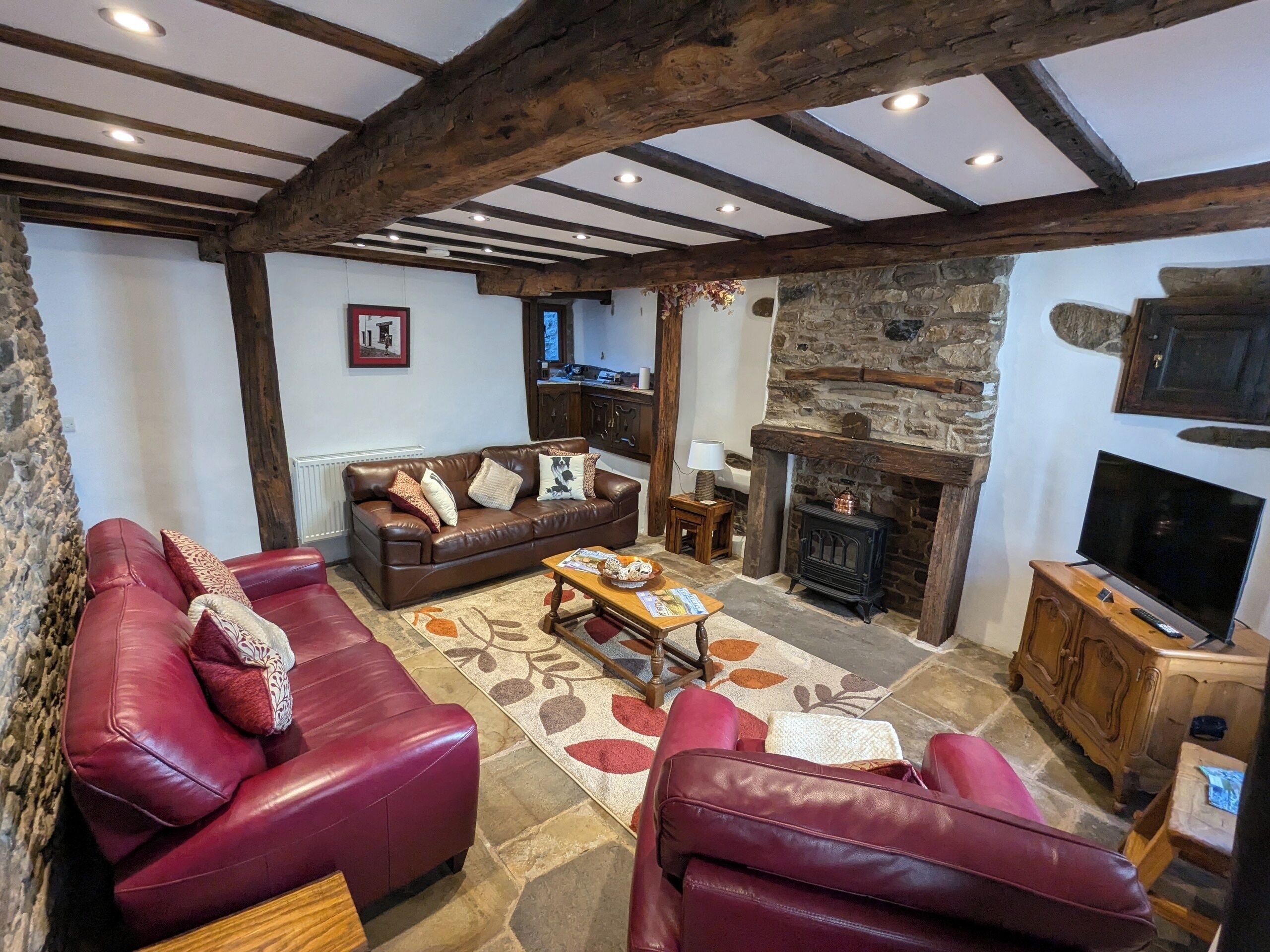 Smart TV, fireplace, books